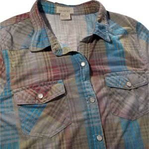 Passport Flannel Shirt Pearl Snaps Lightweight Blue Red Gray Plaid Womens Med